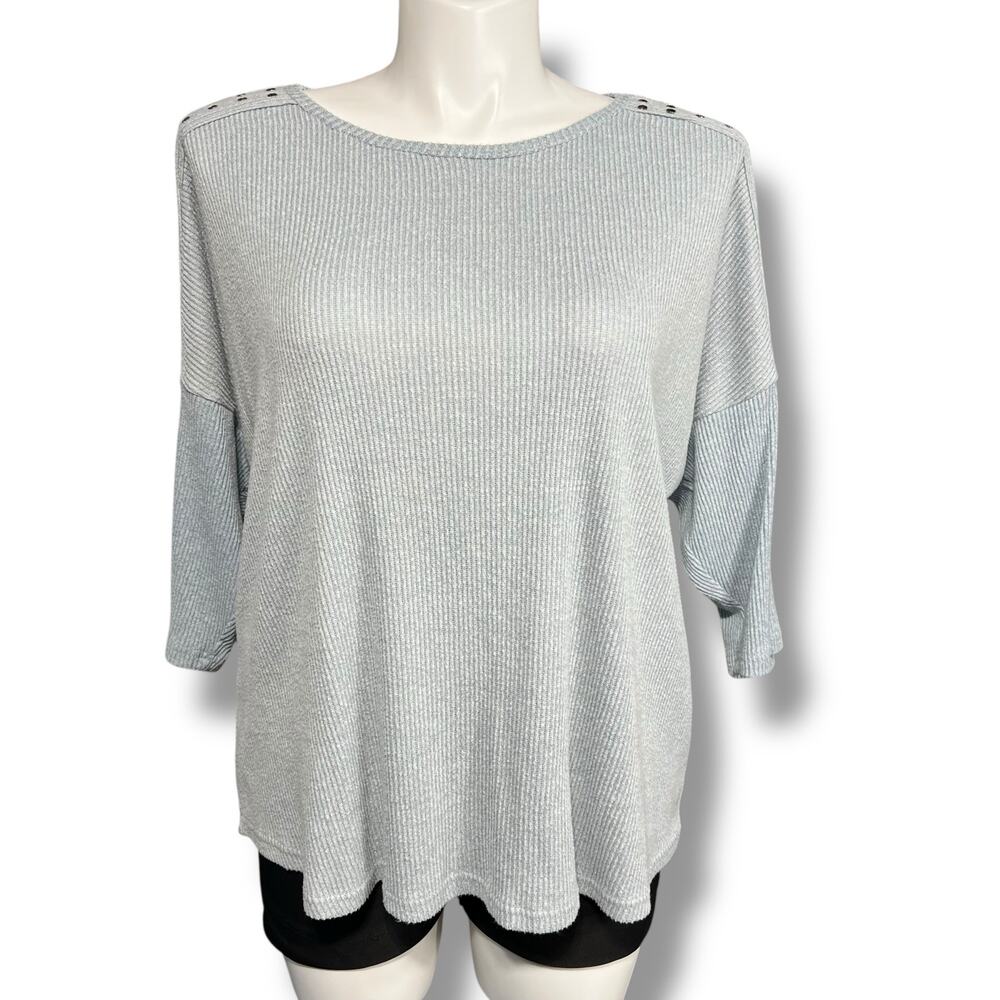 New York Laundry Womens Rib Knit Sweater Pullover Studded Soft Solid Blue 3X